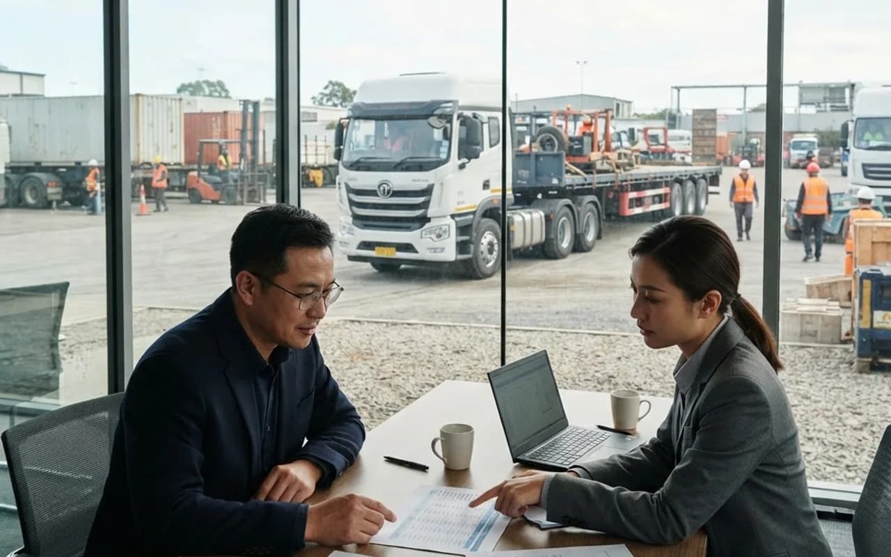 A fleet buyer and finance specialist review vehicle and payment documents beside a delivery yard.