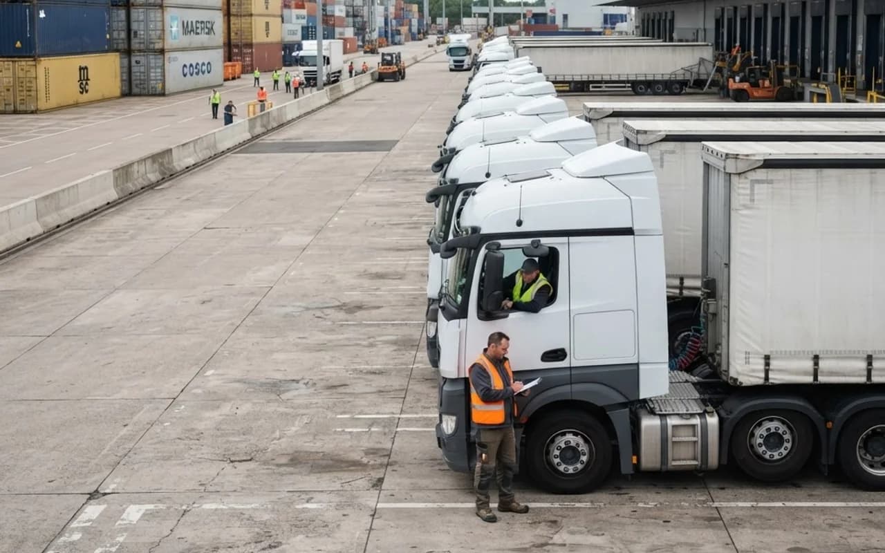 Commercial vehicles queued for dispatch at an international freight terminal.
