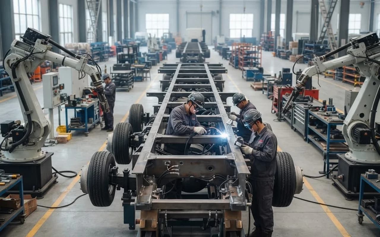 Technicians assembling a heavy-duty trailer chassis on a modern production line.