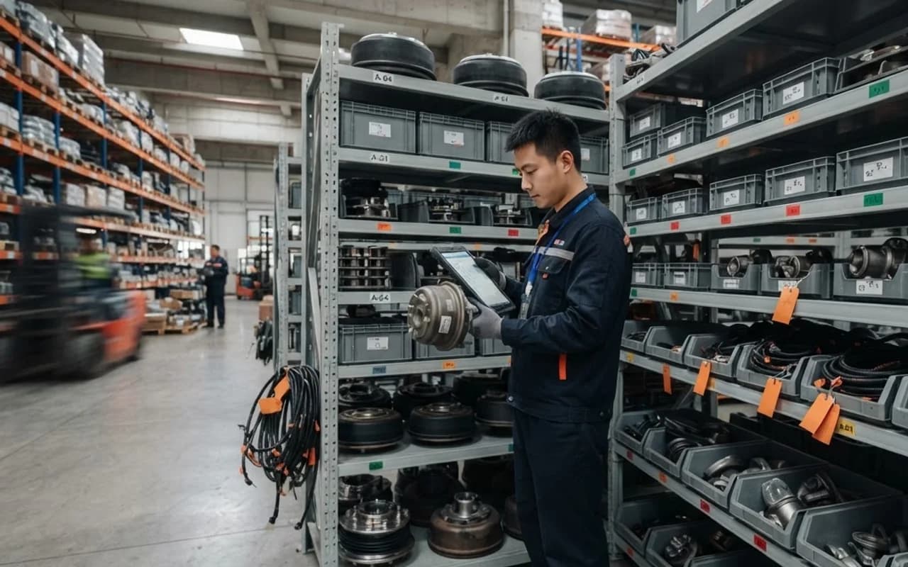 A technician verifies commercial-vehicle components in an organised spare-parts warehouse.