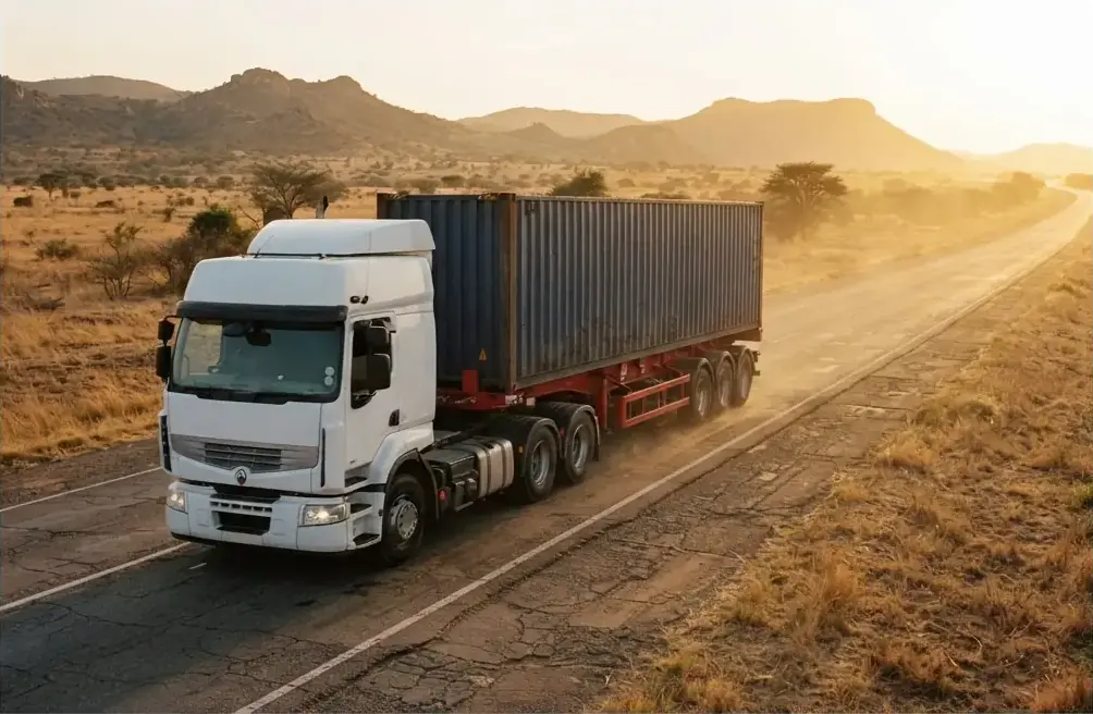 Red three-axle container chassis semi-trailer carrying a 40ft container on a West African highway at golden hour