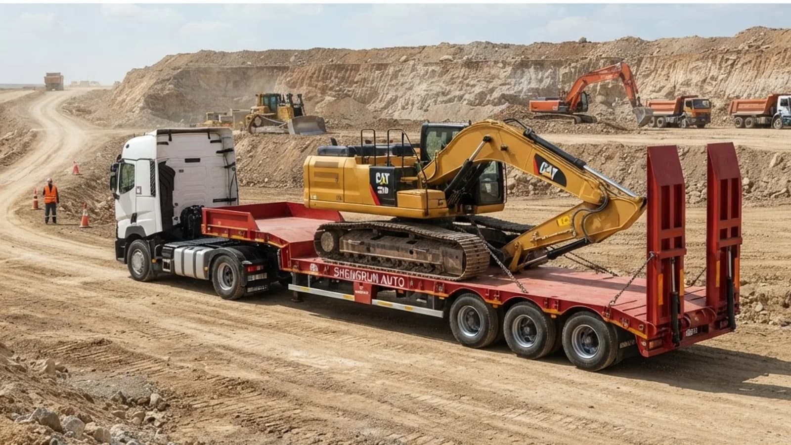 A Shengrun lowbed trailer carrying construction equipment at a work site