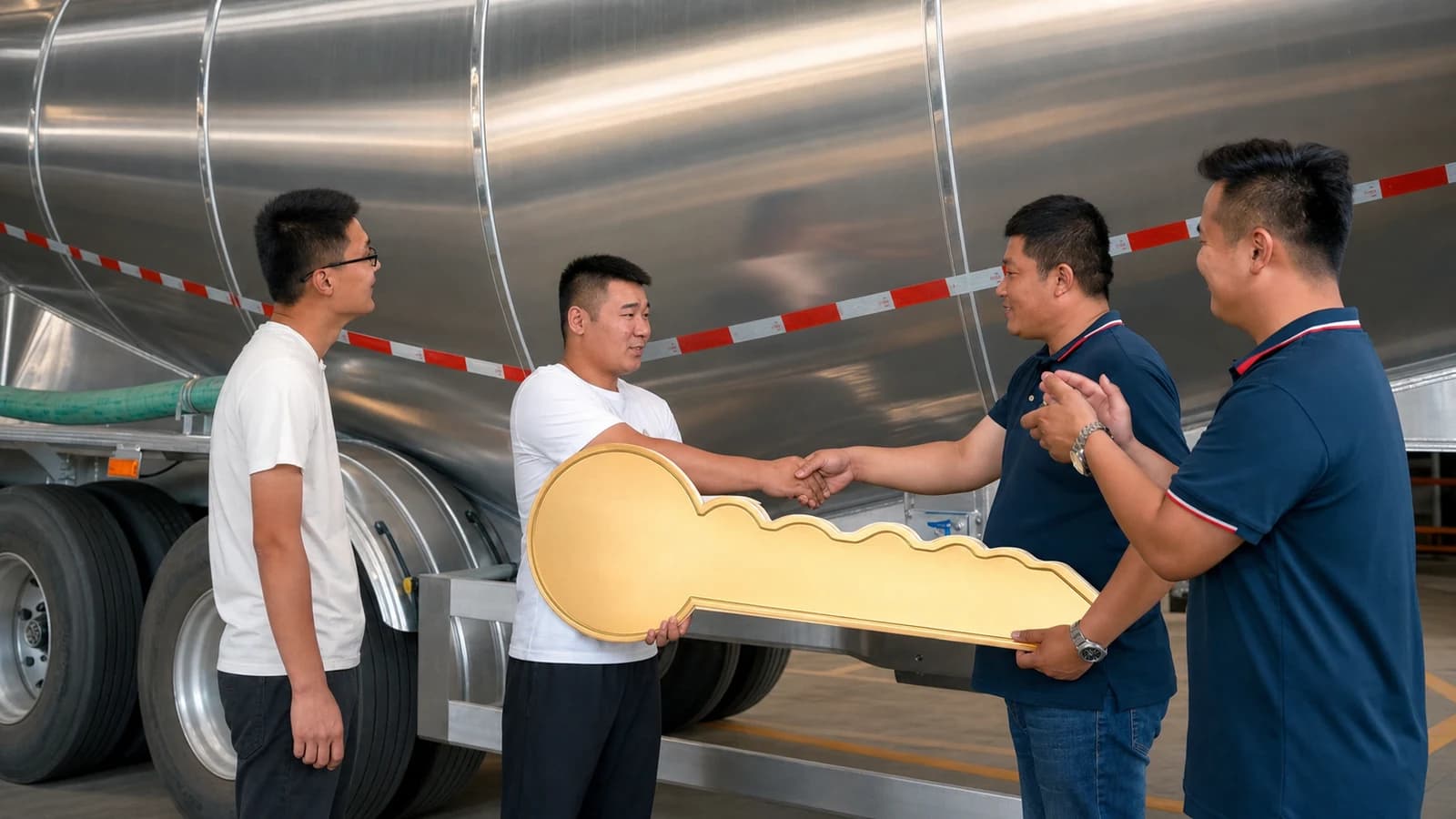 A customer and the Shengrun team shake hands in front of a finished tanker semi-trailer during handover