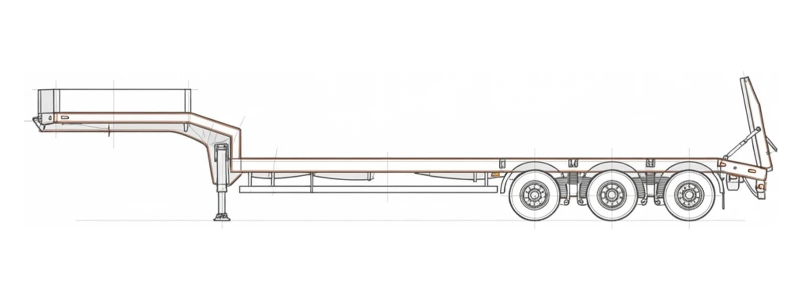 Technical side-elevation line drawing of a lowbed trailer with numbered customizable systems