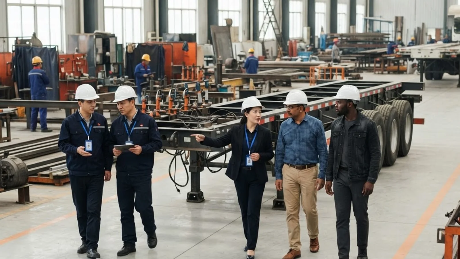 Concept rendering of international customers touring a semi-trailer factory with the engineering team
