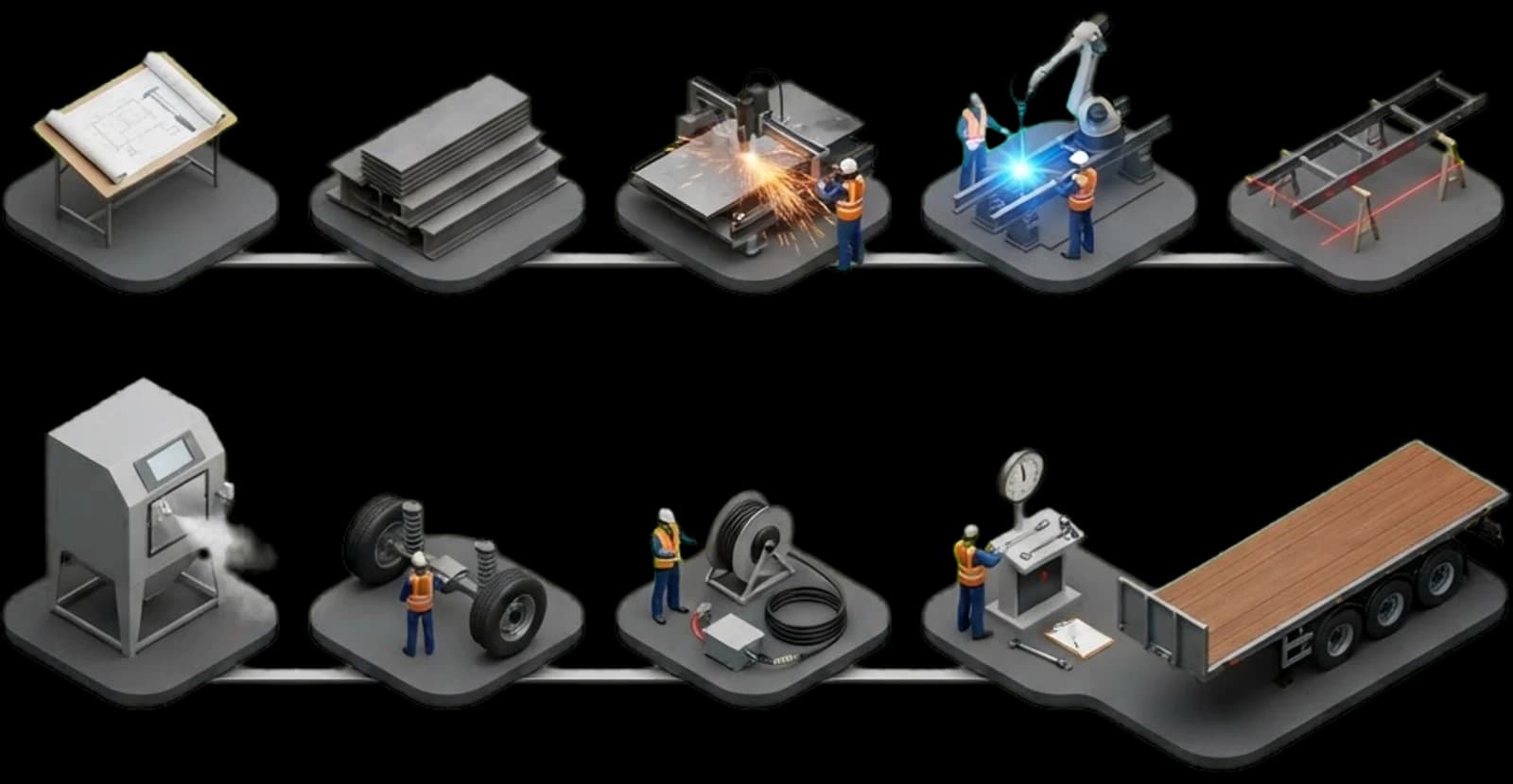 Operators on a modern semi-trailer line carrying out automated cutting, robotic welding, chassis assembly and final inspection.