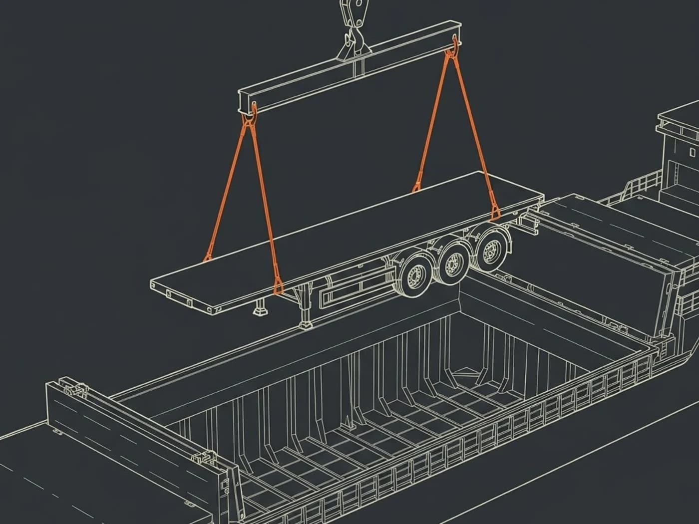 Industrial wireframe of a three-axle semi-trailer being crane-lifted into an open breakbulk vessel hold