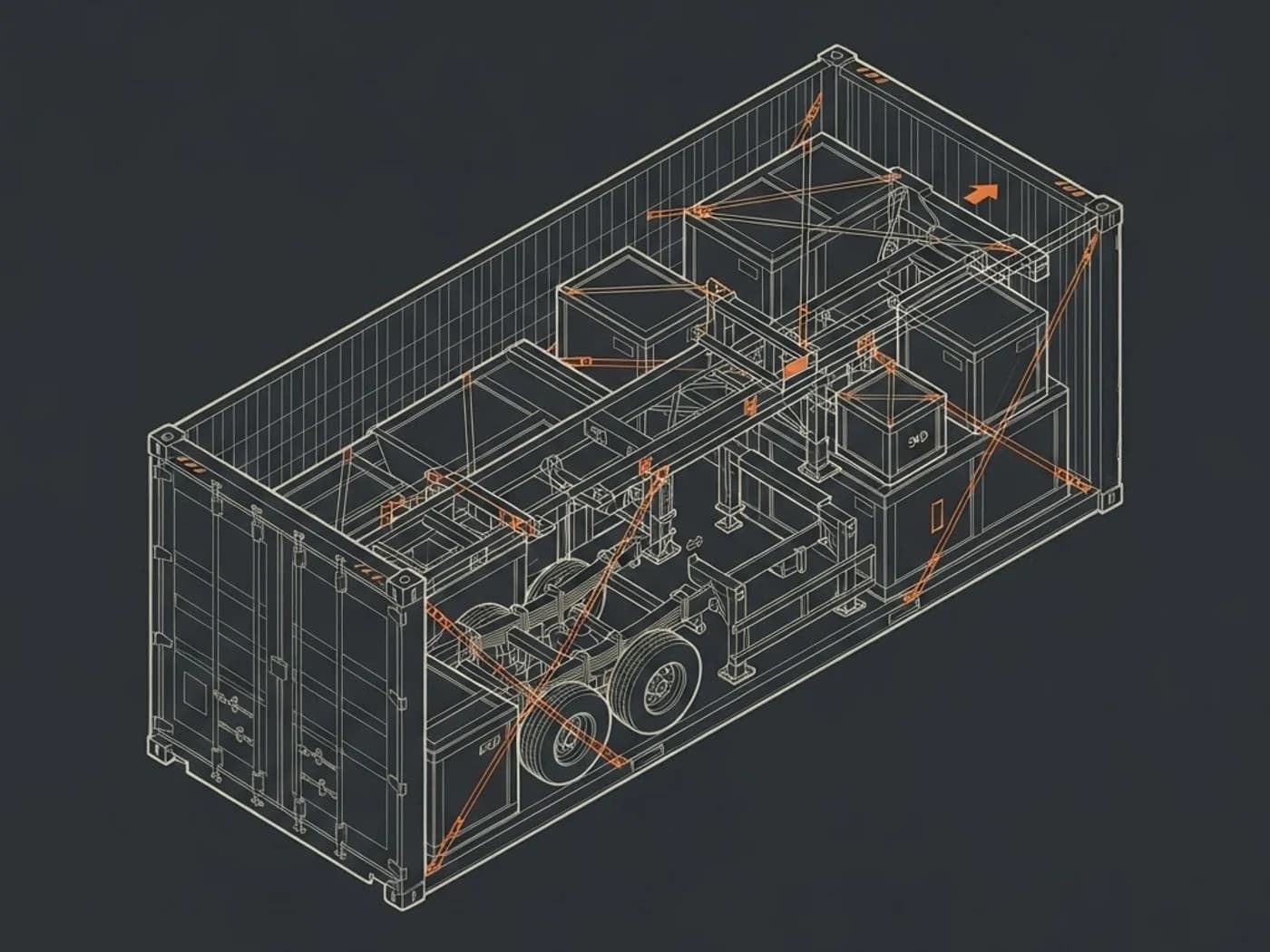 Industrial wireframe of braced semi-trailer subassemblies packed inside a 40HQ container