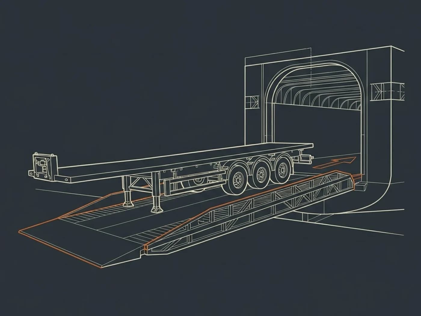Industrial wireframe of a three-axle semi-trailer entering a roll-on roll-off vessel by the stern ramp