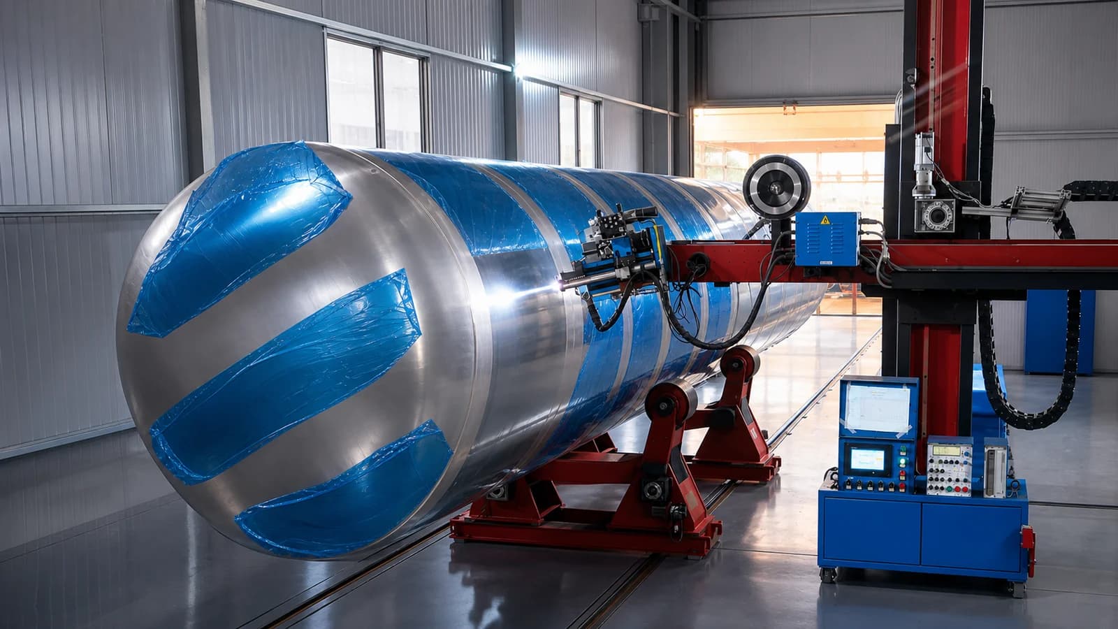 Automatic welding head running a circumferential seam on a stainless steel tanker shell rotating on roller beds inside the factory