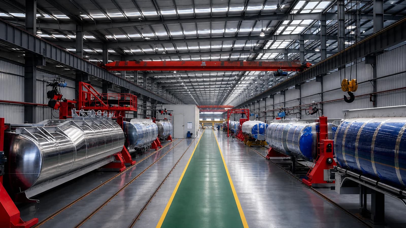 Central workshop aisle with tank barrels ranked along both sides on their fixtures