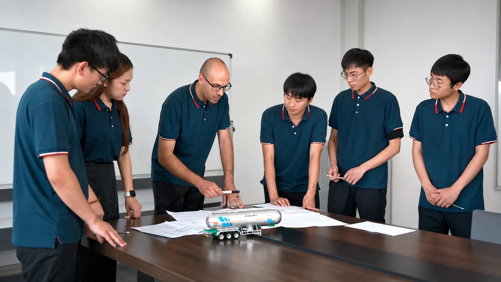 International engineering team reviewing tanker drawings and a model around a table