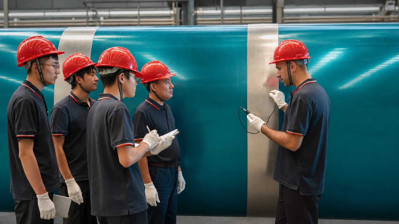 Chinese and overseas technical staff inspecting a finished trailer together on the workshop floor