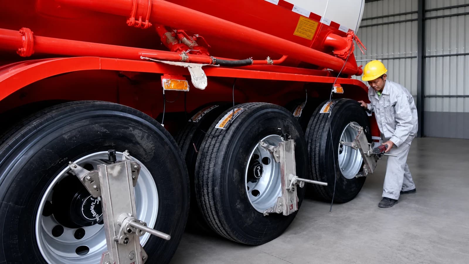 Four-wheel alignment being run on a finished trailer, with the measuring heads clamped to the wheels and readings on the console