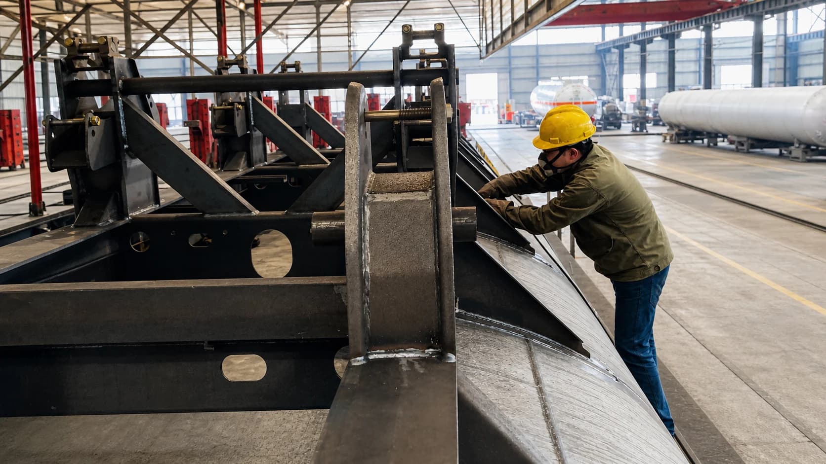 Fitter positioning cross members inside a heavy trailer frame, where the load path into the axles is set