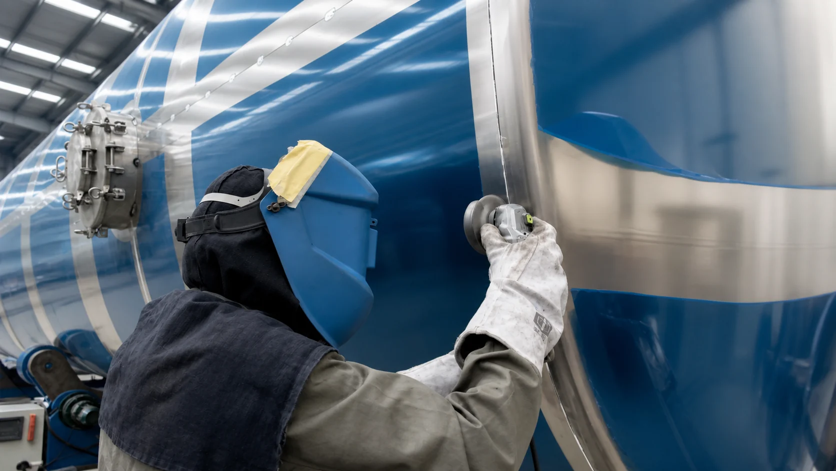 Operator grinding and dressing a tank weld seam before surface treatment