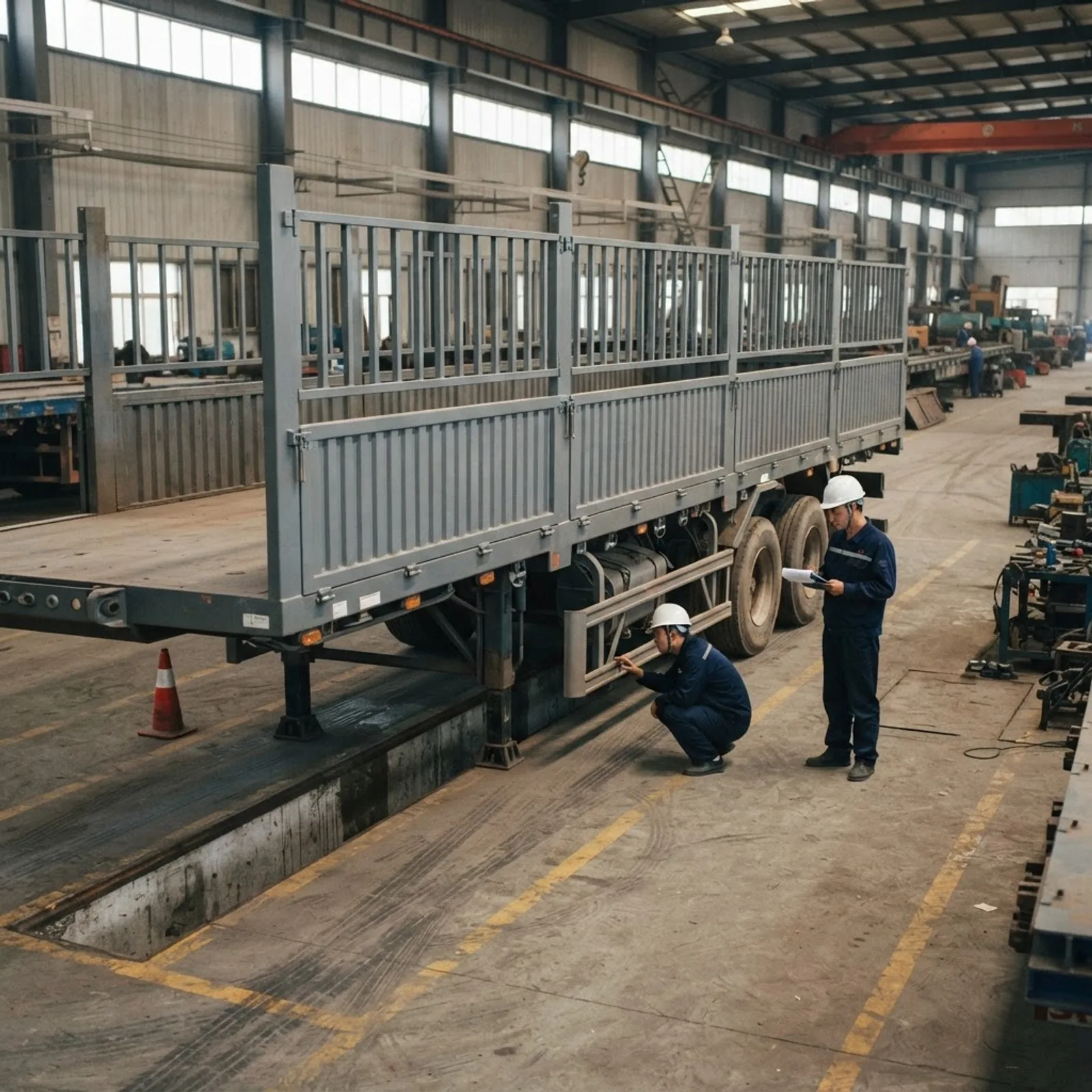 Pre-shipment inspection of a finished fence-side cargo semi-trailer in the assembly hall, illustration