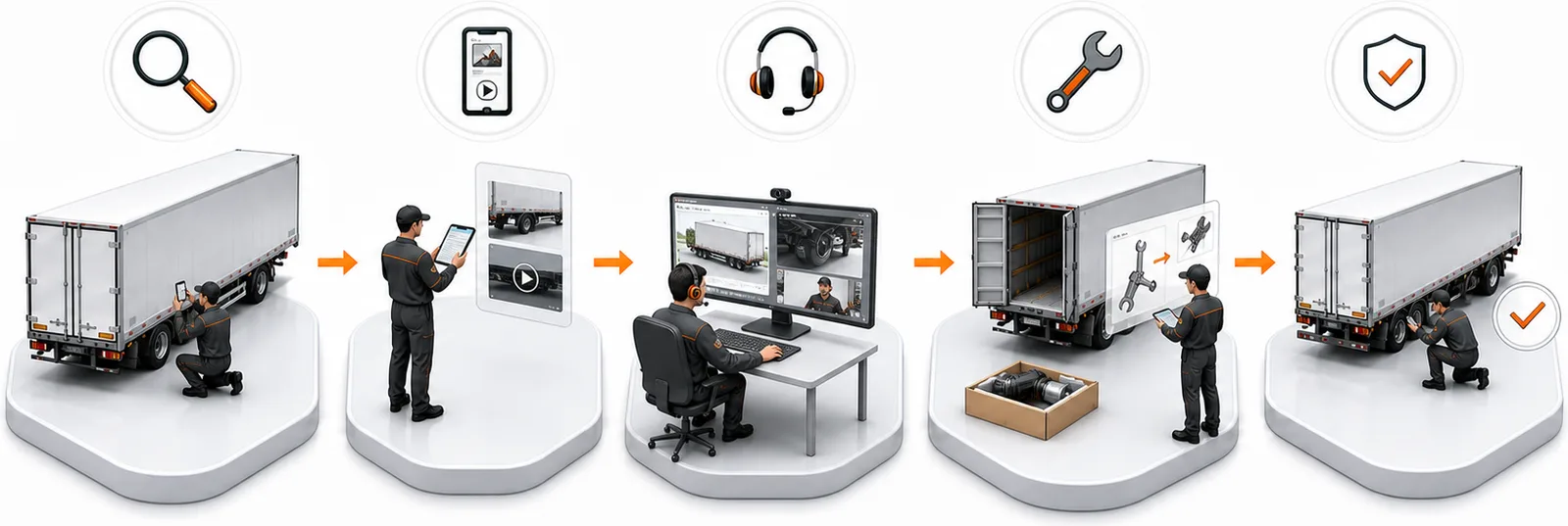 Illustration of the after-sales sequence: inspecting the trailer, capturing photographs and video, a remote diagnosis session, fitting a replacement component, and a final confirmation check