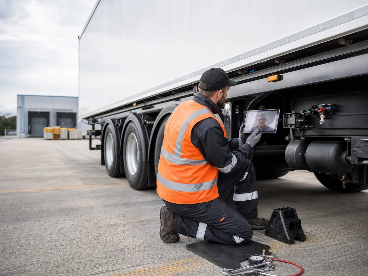 A technician kneeling at the running gear of a semi-trailer, holding a tablet with an engineer on a video call, air suspension and brake components visible alongside