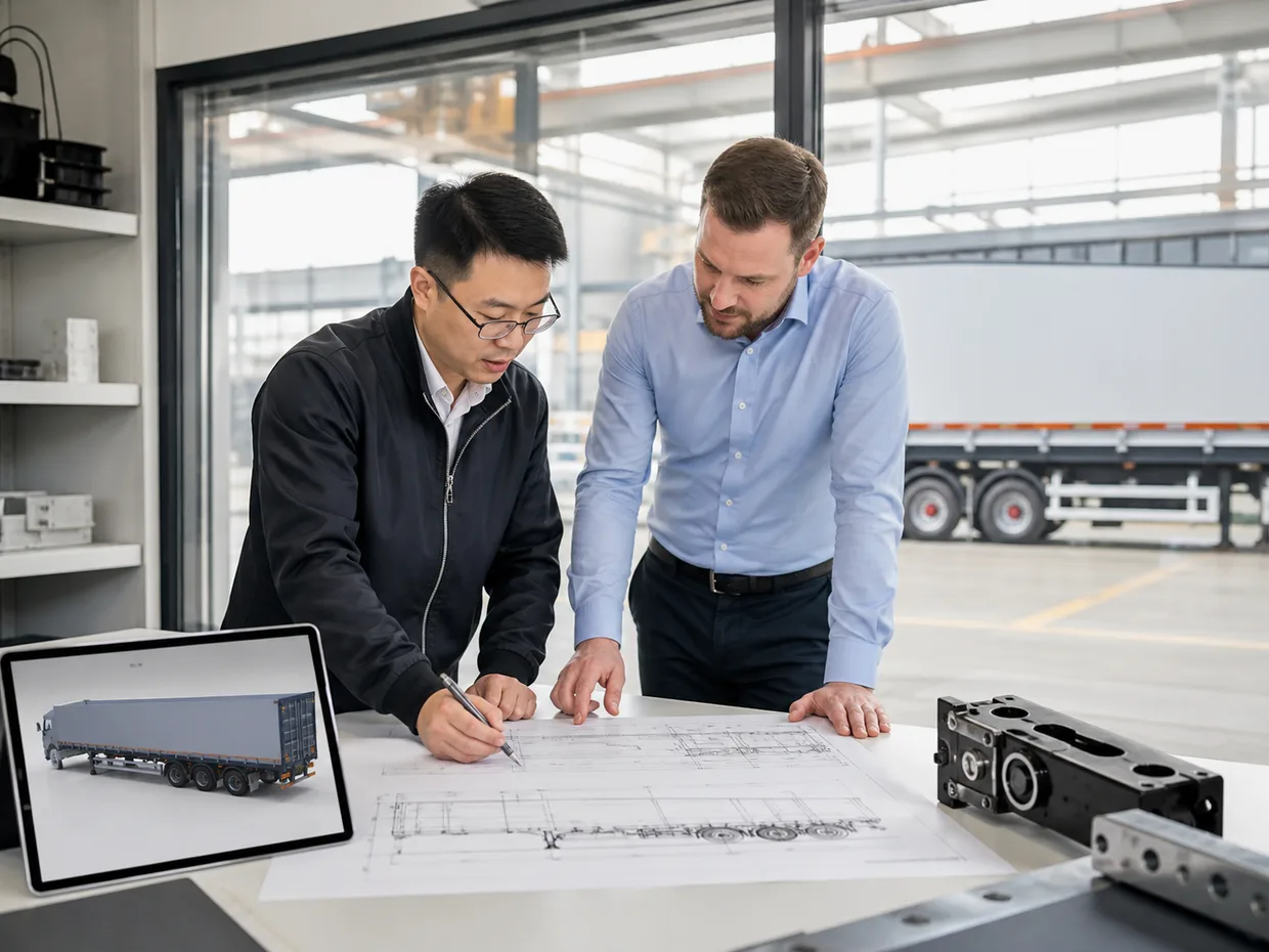 Two engineers reviewing a trailer general-arrangement drawing at a workbench, with a 3D trailer model on a tablet and a curtain-side semi-trailer in the hall behind them