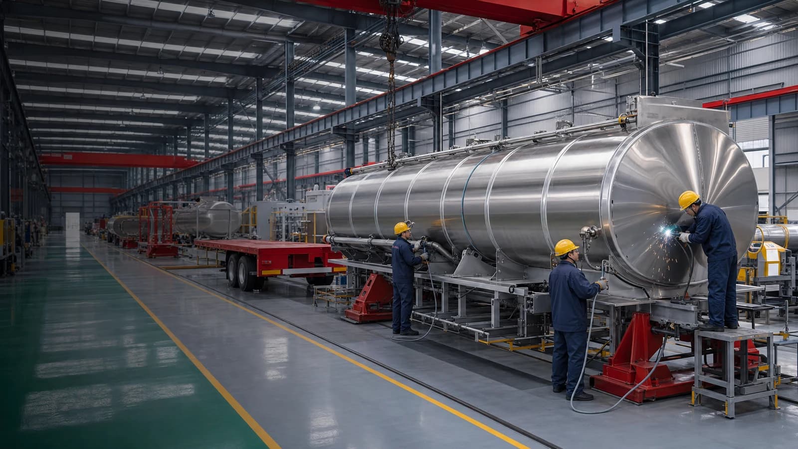 Stainless-steel tanker on the production line while technicians complete the tank body